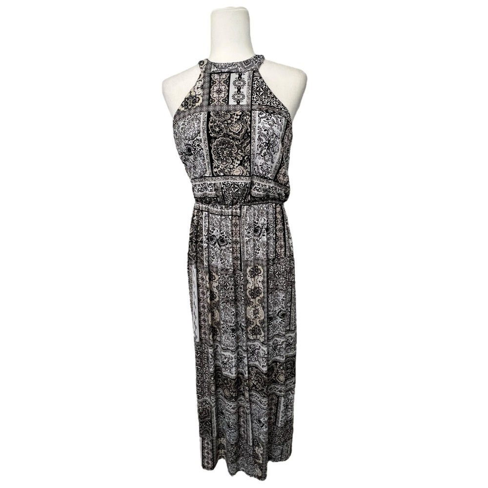 Three Pink Hearts Black and White Halter Maxi Sundress